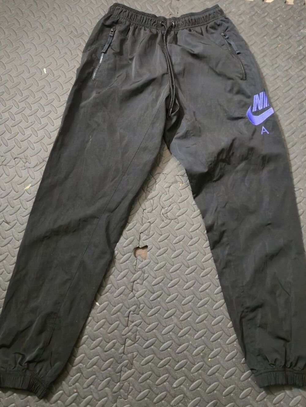 Nike Black Athletic Jogger nylon Pants with Purple Logo, Size Medium